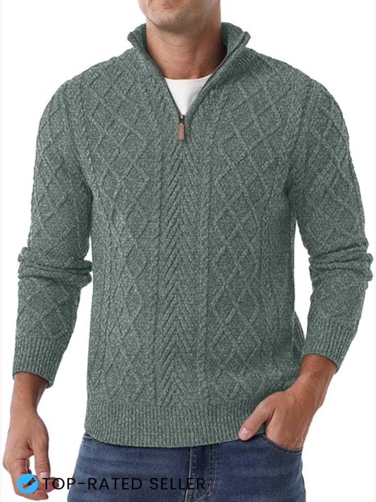Men's Quarter Zip Mock Neck Pullover Sweater Chunky Fisherman Knit Thick Warm